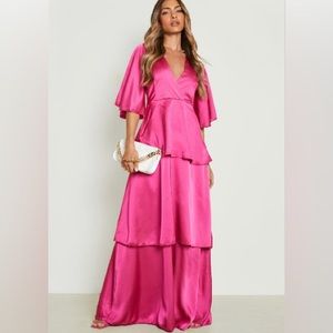 Boohoo Satin Tiered Maxi Dress with Bell Sleeve Angel Sleeve New w/Tags Hot Pink